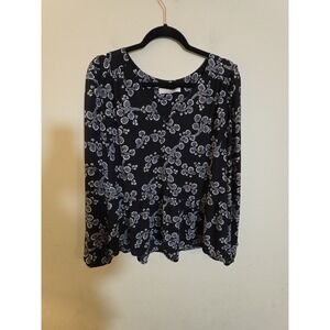 The Loft Women's Size XL‎ Black Floral V Neck Blouse Shirt Ruffle Long Sleeve